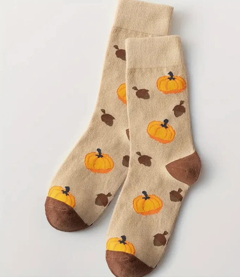 Pumpkin Herfst Sokken – Beige met Pompoenen & Herfstblaadjes