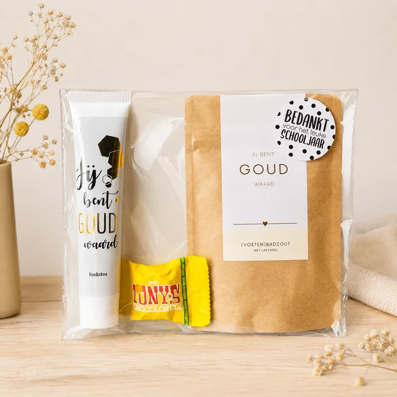 Bedankje Juf Verwenpakket | Handcrème, Badzout & Chocolade | Brievenbuscadeau