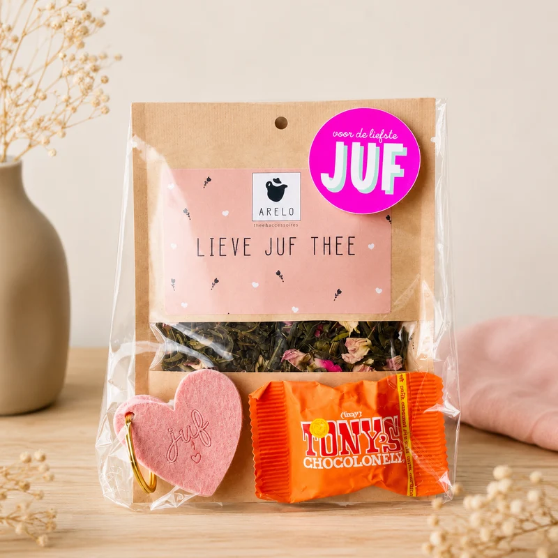 Bedankje Juf Theepakket | Thee, Chocolade & Sleutelhanger | Brievenbuscadeau