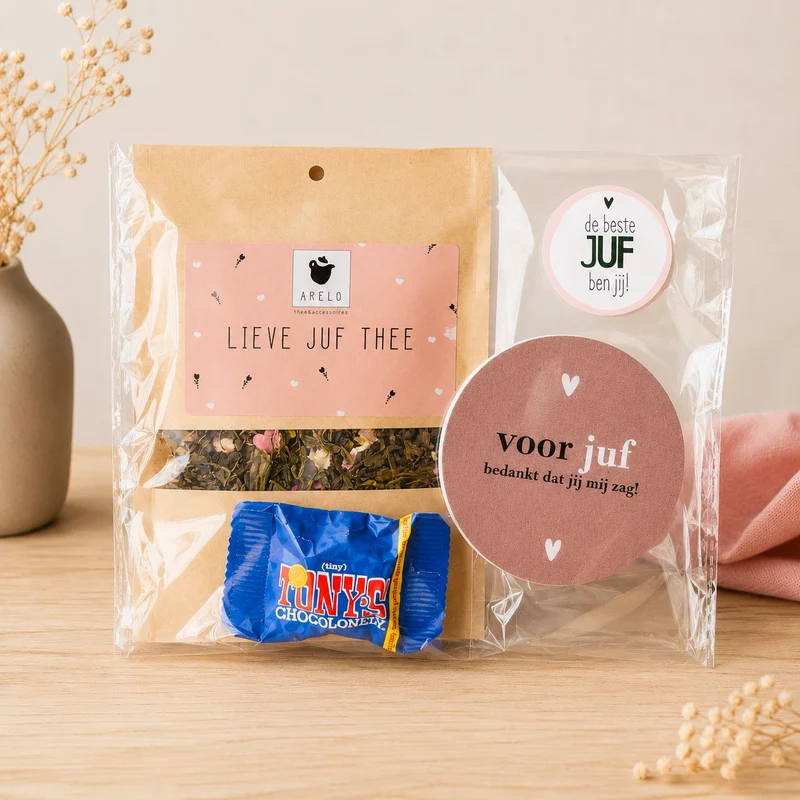 Bedankje Juf Theepakket | Thee, Chocolade & Kaart | Brievenbuscadeau Einde Schooljaar