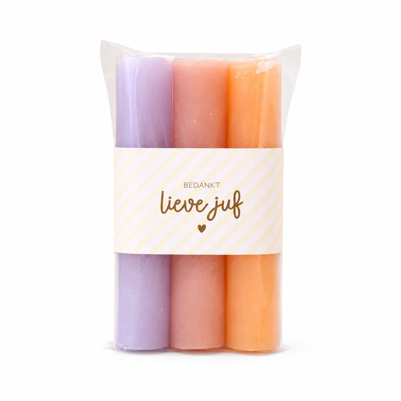 Bedankt Lieve Juf Kaarsenset – Cadeau voor Juf met 3 Pastelkleurige Kaarsen