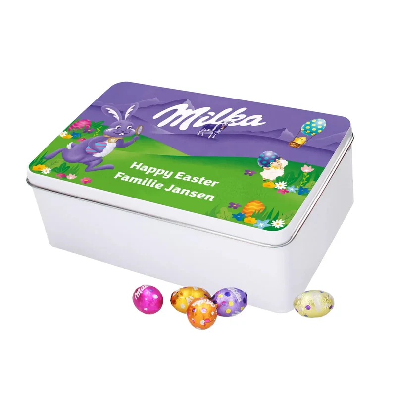 Milka paaseitjes mix - gepersonaliseerd cadeau - large tinnen blik - 900g