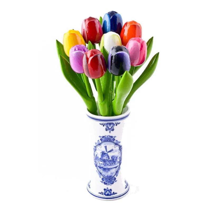 Vase with Tulips, Delft Vase, 9 Small Wooden Tulips