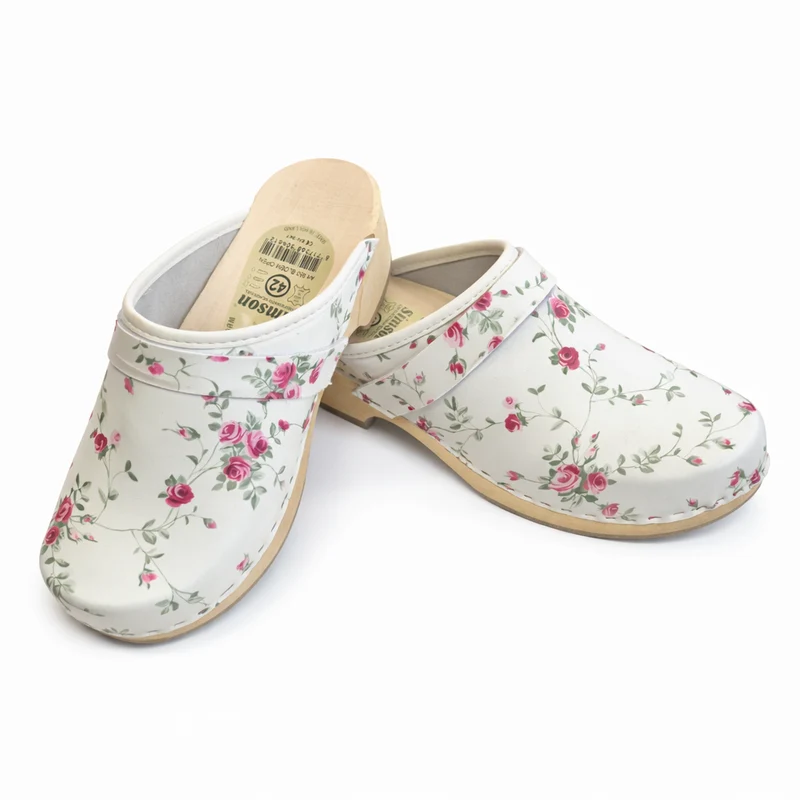 White Clogs with Flowers, Genuine Leather