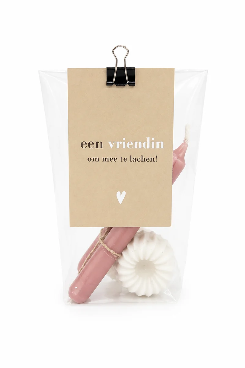 Cadeauzakje ‘Een Vriendin Om Mee Te Lachen’ | Mini Kaarsjes met Kaarsenstandaard | The Prezzent