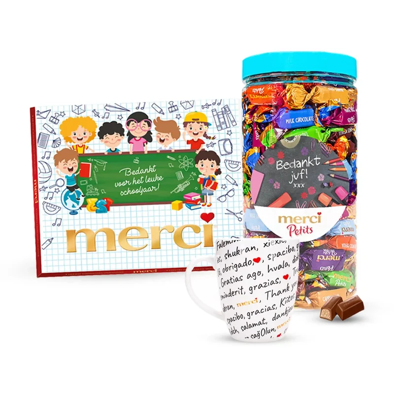 merci geschenkpakket voor de juf met chocolade en mok - bedank de juf - 950g