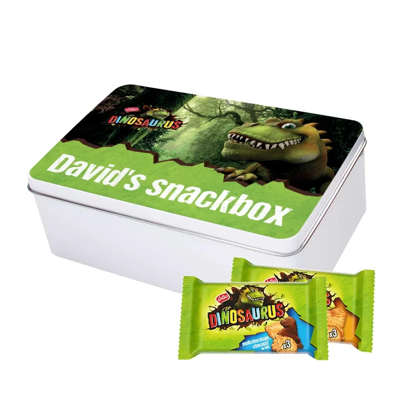 Lotus Dinosaurus koekjesmix - gepersonaliseerd cadeau - large tinnen blik - 8 verpakkingen - 401g