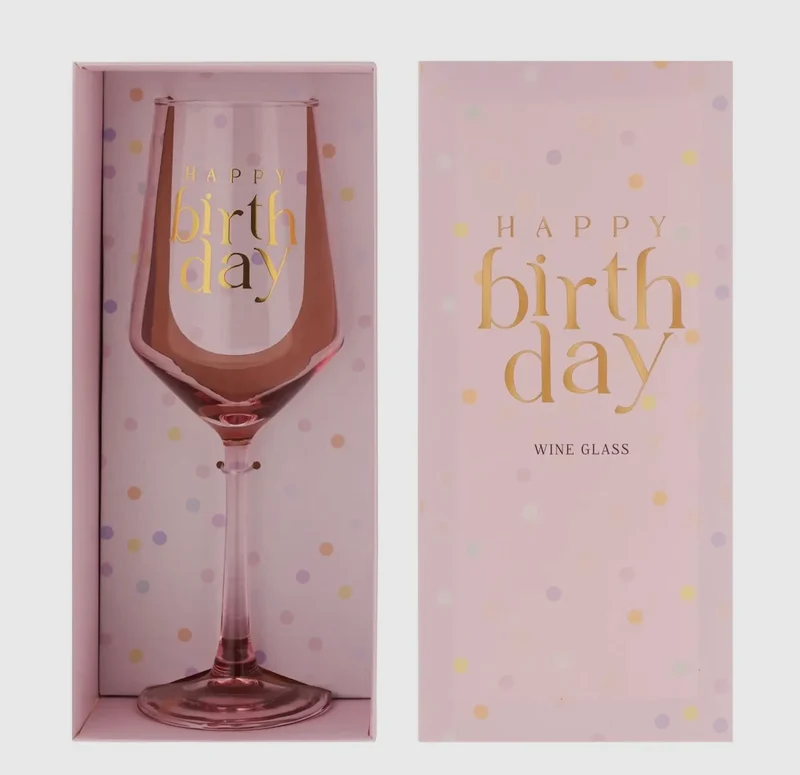 Happy Birthday Wijnglas – roze met Gouden Opdruk | Luxe Verjaardag Cadeau