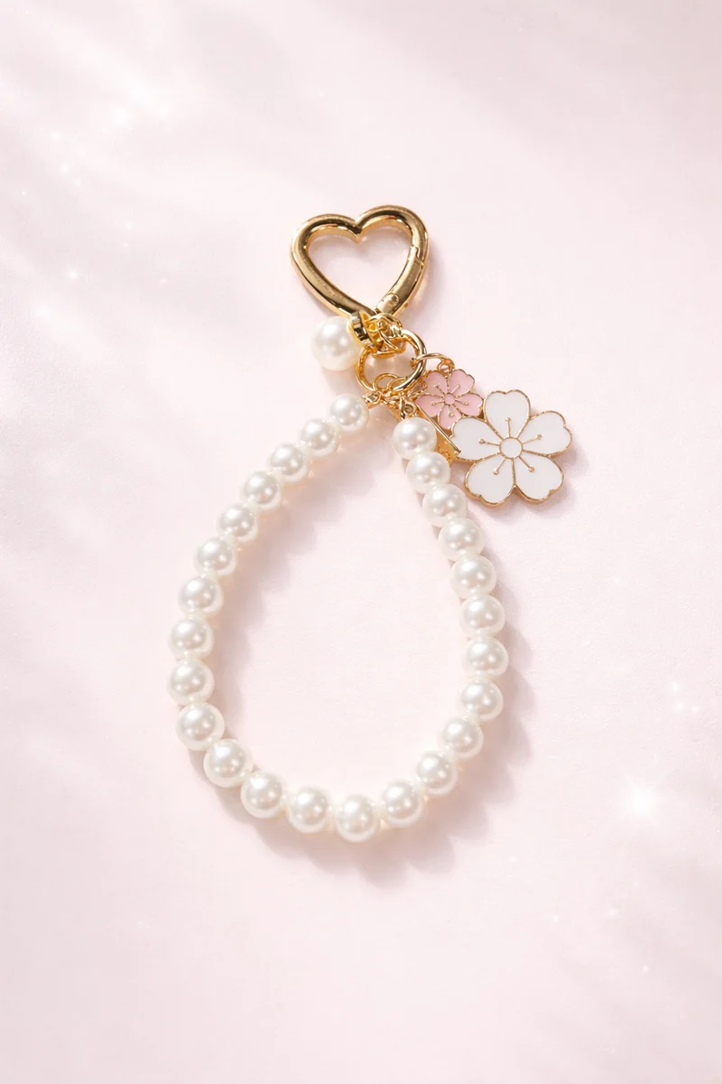 Parel Sleutelhanger met Bloemen – Elegant & Cadeauwaardig