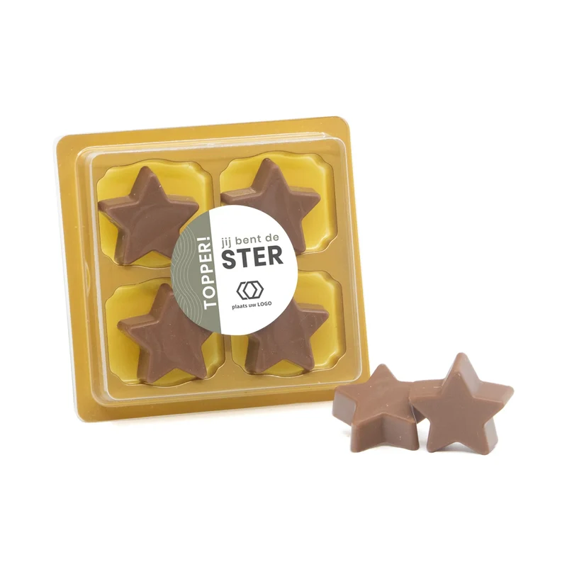 4 Chocolade sterren in blister met eigen tekst - zakelijk
