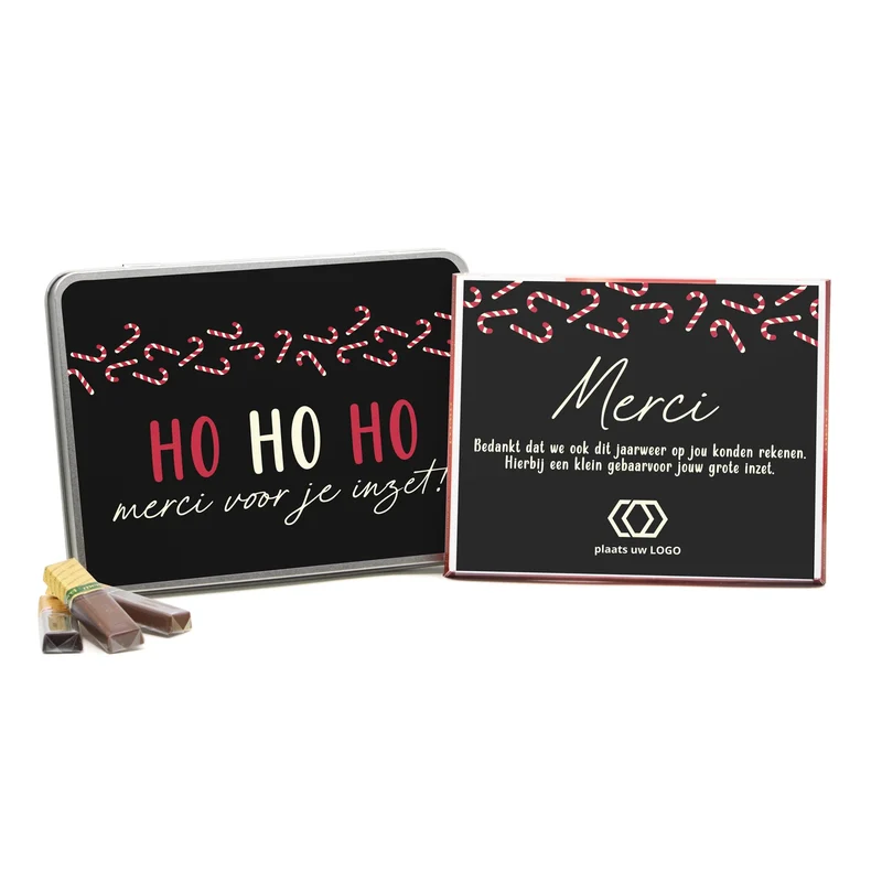Blik met doos Merci en eigen etiket - Kerst