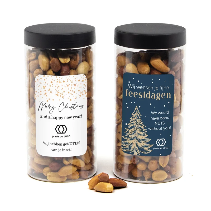 Pot met verse notenmix en eigen etiket - Kerst