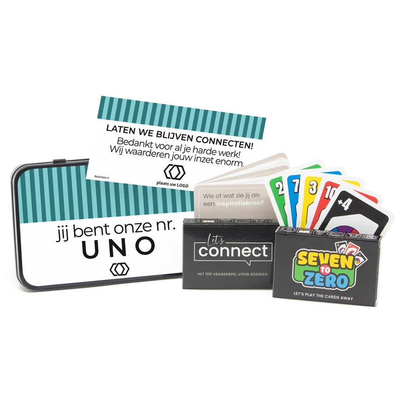 Let's Connect en Seven to Zero spel in blik met etiket - Vrijwilliger