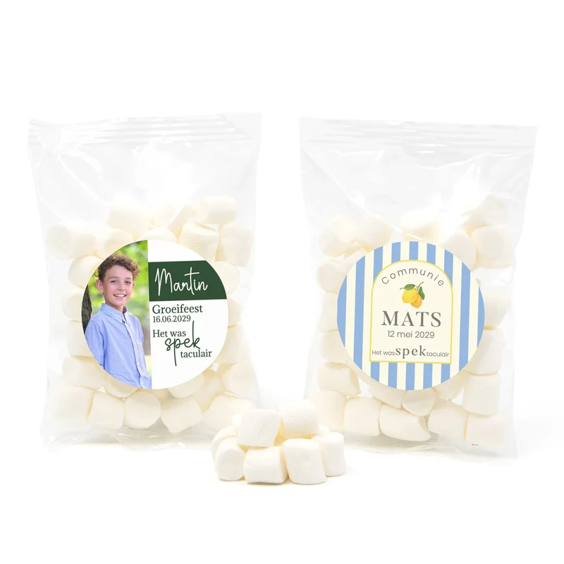 Zakje mini spekjes met eigen etiket - Communie jongens