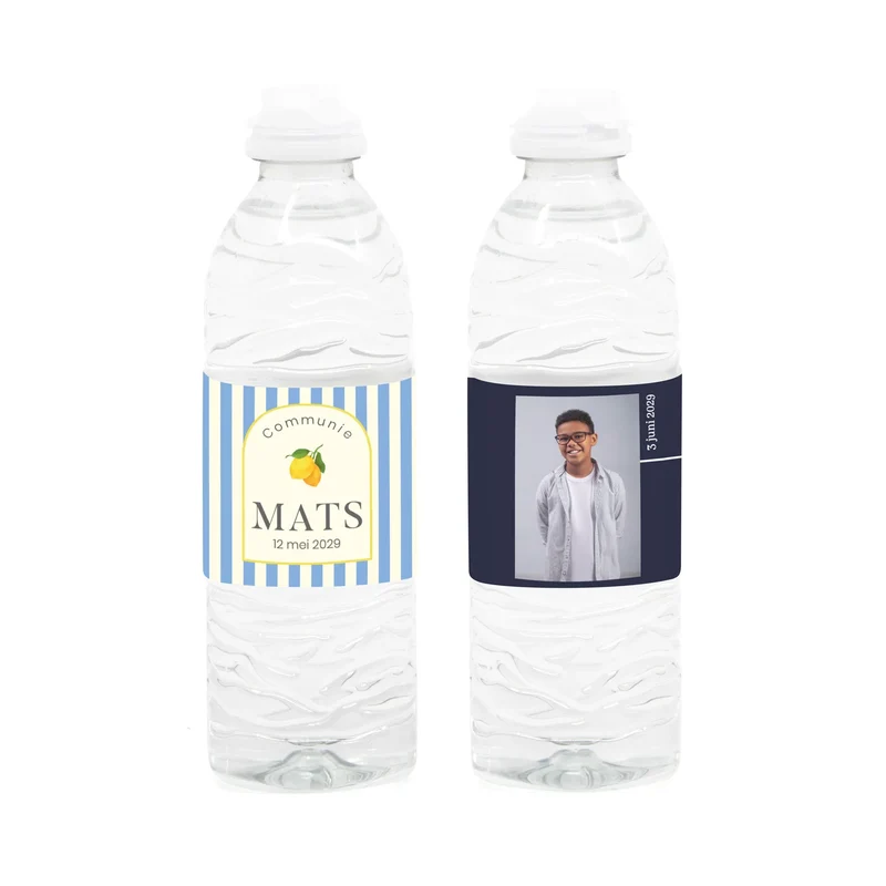 Flesje water met eigen etiket - Communie jongen