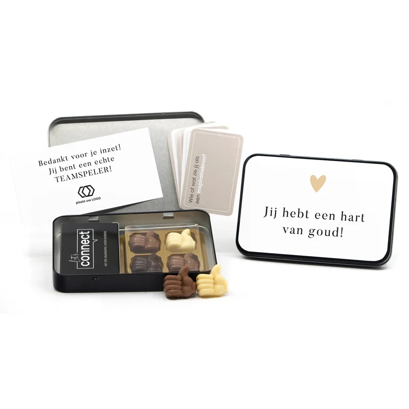 Let's Connect vragenspel in blik met chocolade duimpjes - Verpleging