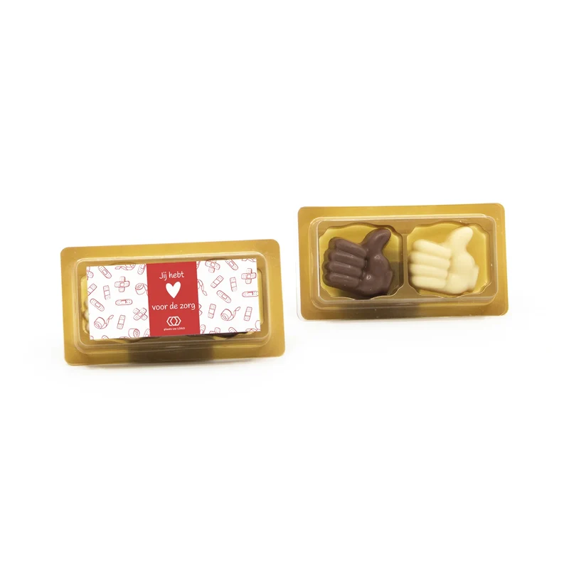 Doosje 2 chocolade duimpjes met eigen etiket - Verpleging