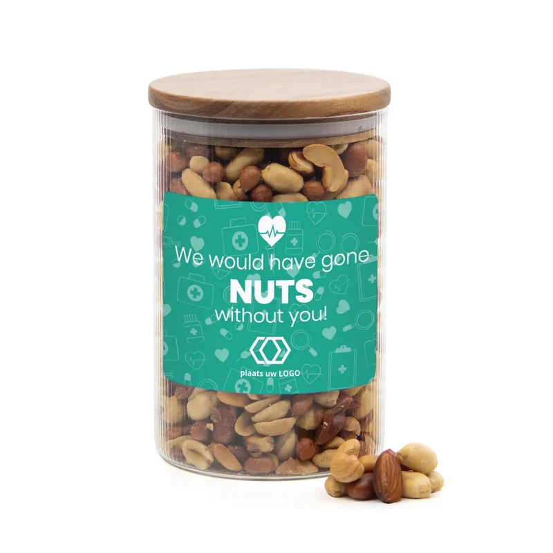 Luxe grote pot met ribbelglas met verse notenmix - Verpleging