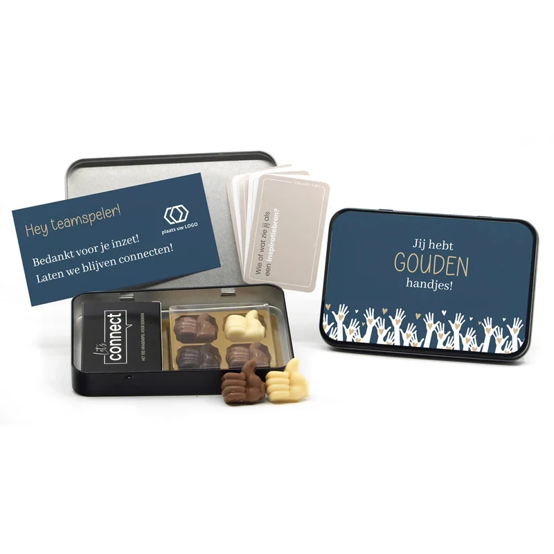 Let's Connect vragenspel in blik met chocolade duimpjes - Zakelijk