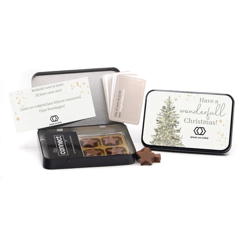 Let's Connect 100 vragenspel in blik met chocolade sterren - Kerst