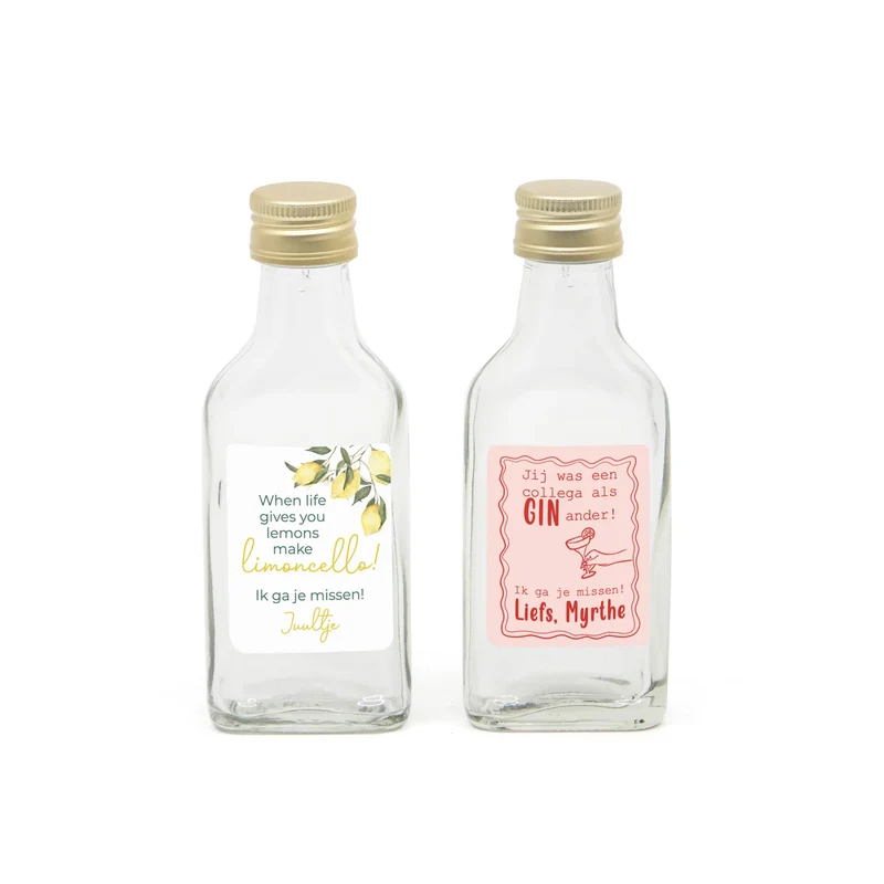 Glazen drank flesje(4cl) met eigen etiket- Afscheid collega