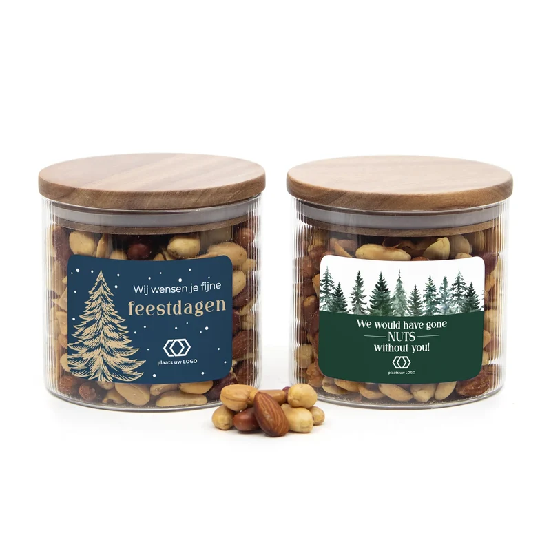 Medium pot met ribbelglas met verse notenmix - Kerst