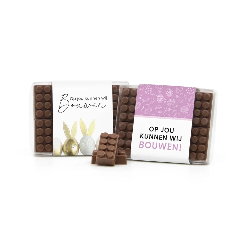Doosje met 10 chocolade bouwstenen eigen sleeve - Pasen