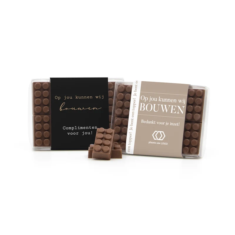 Doosje met 10 chocolade bouwstenen eigen sleeve - Compliment