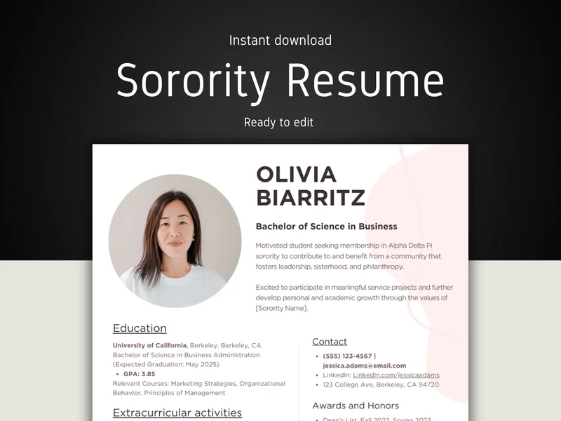 Editable Sorority Resume Template - Pink Design