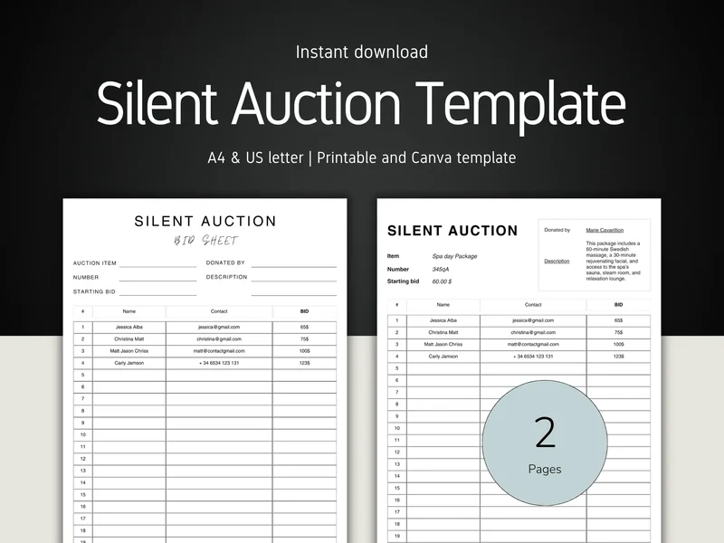 Silent Auction Bid Sheet Template & Item Description Form