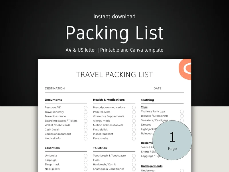 International Travel Packing List Template