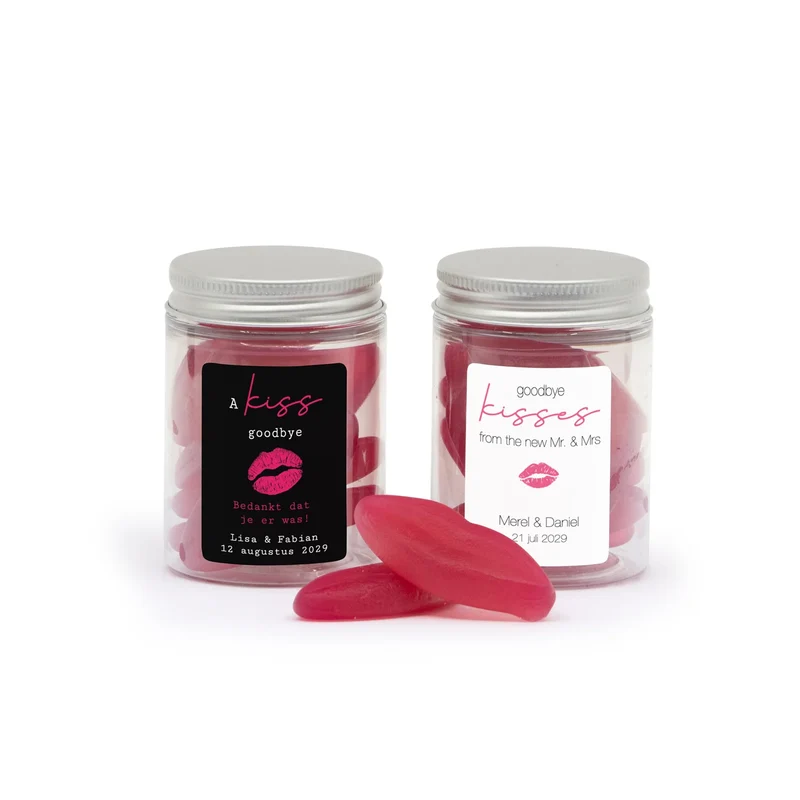 Goodbye kisses in potje eigen etiket - Trouwen