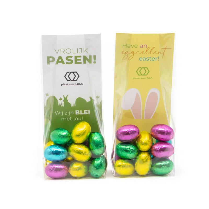 Zak met 100 gram paaseitjes en eigen kaart - Pasen