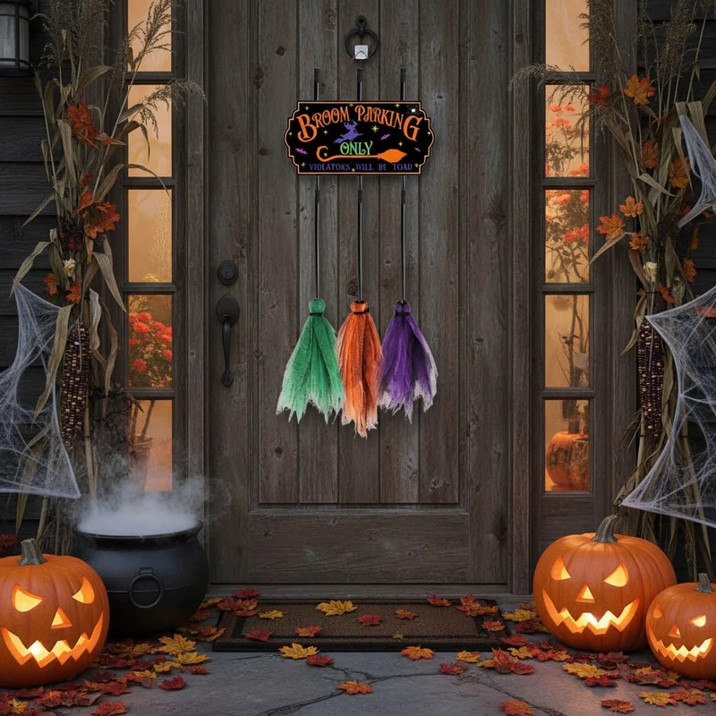 Decorazione Halloween Cartello Parcheggio Scopa Divertente