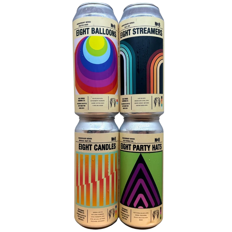 Wax Wings - Eight Anniversary Can Set (Eight Candles, Eight Party Hats, Eight Streamers, Eight Balloons)