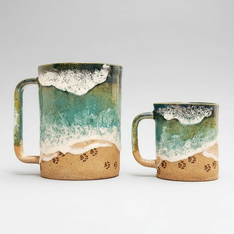 Handgemaakte Mokken Oceaanstrand Design Pootafdrukken
