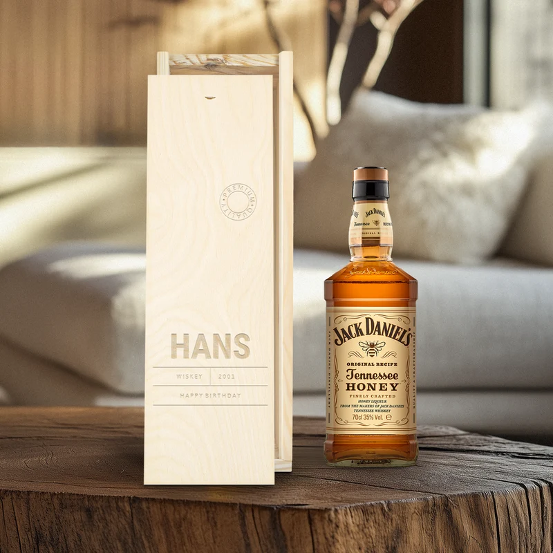 Jack Daniels honey whiskey - in gegraveerde kist