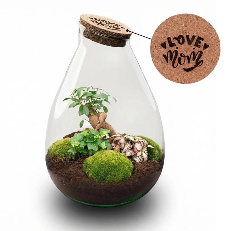 'LOVE MOM' terrarium Drop XL + gegraveerde kurk - Flessentuin - DIY kit – Ø 24 cm ↑ 37 cm - Moederdag